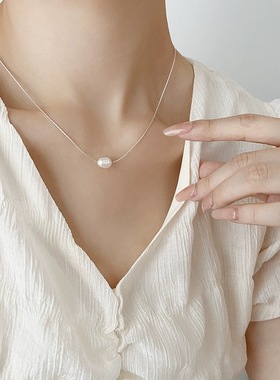 2025新款s925纯银颗淡水珍珠素链轻奢时尚设计感配饰气质潮锁骨链