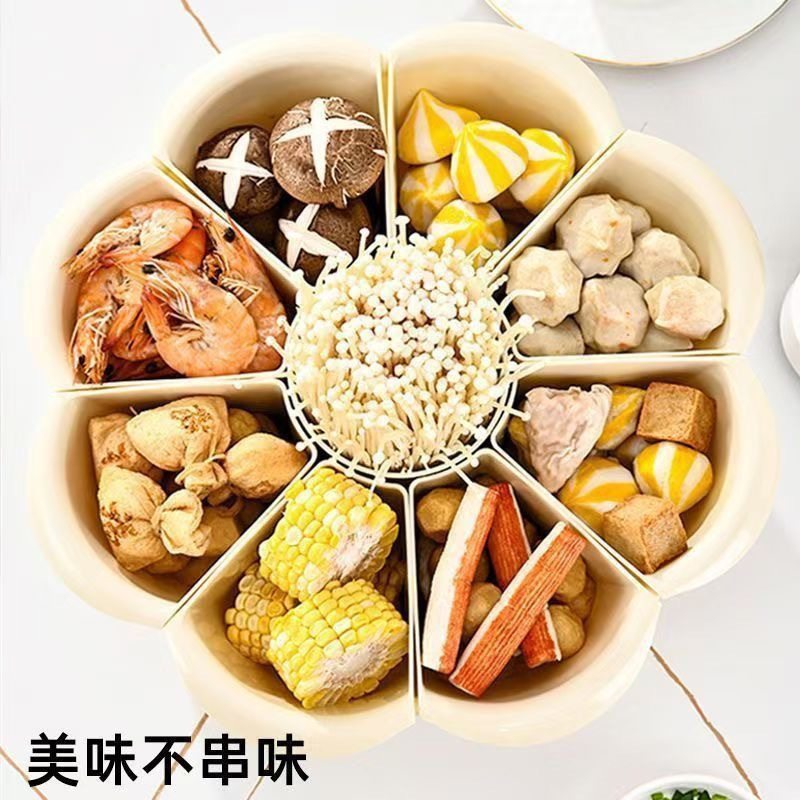 Hot Pot Platter with a Rotatable Draining Basket, Plate for Placing Vegetables, Multifunctional Compartmentalized Double-Layer Side Dish