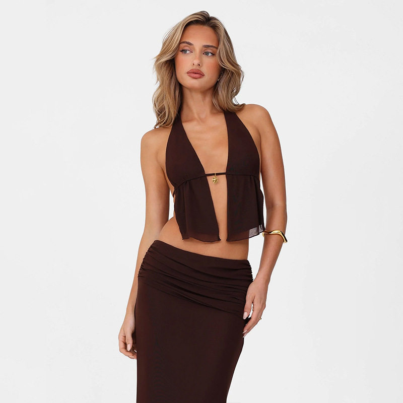 Halter Neck Cutout Top and High Waist Bodycon Skirt Set Sexy Design Spring Collection Womens Fashion Wholesale