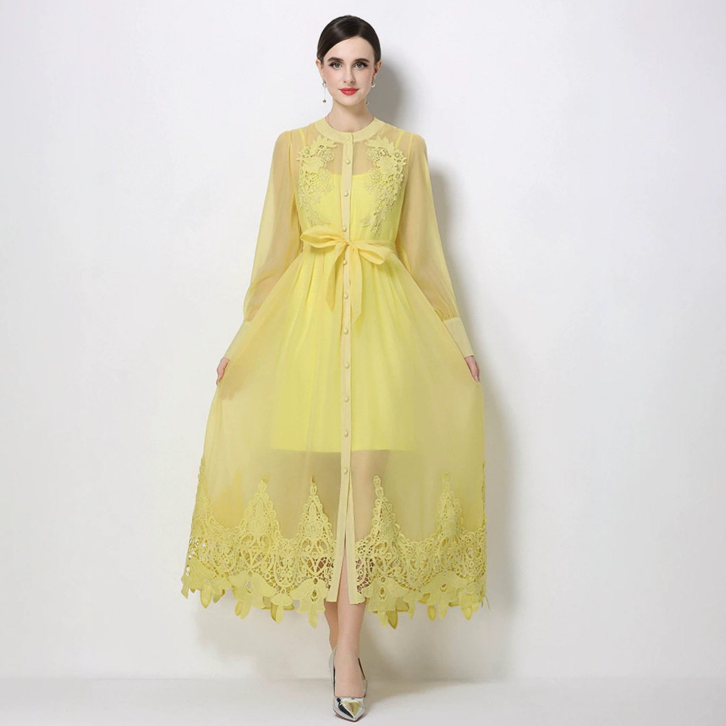 Korean Style Embroidered Hollow Out Dress Long Sleeve Waist Defining Slim Fit Yellow Summer Office Wear Wholesale