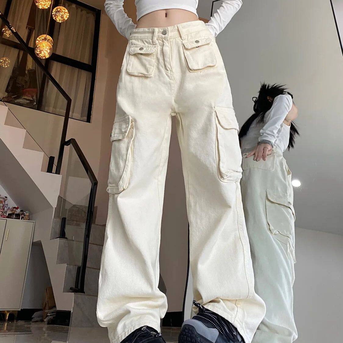 Womens White Cargo Pants Loose Fit Multi Pocket Design Flattering Wide Leg Trendy Autumn Wear Wholesale Available