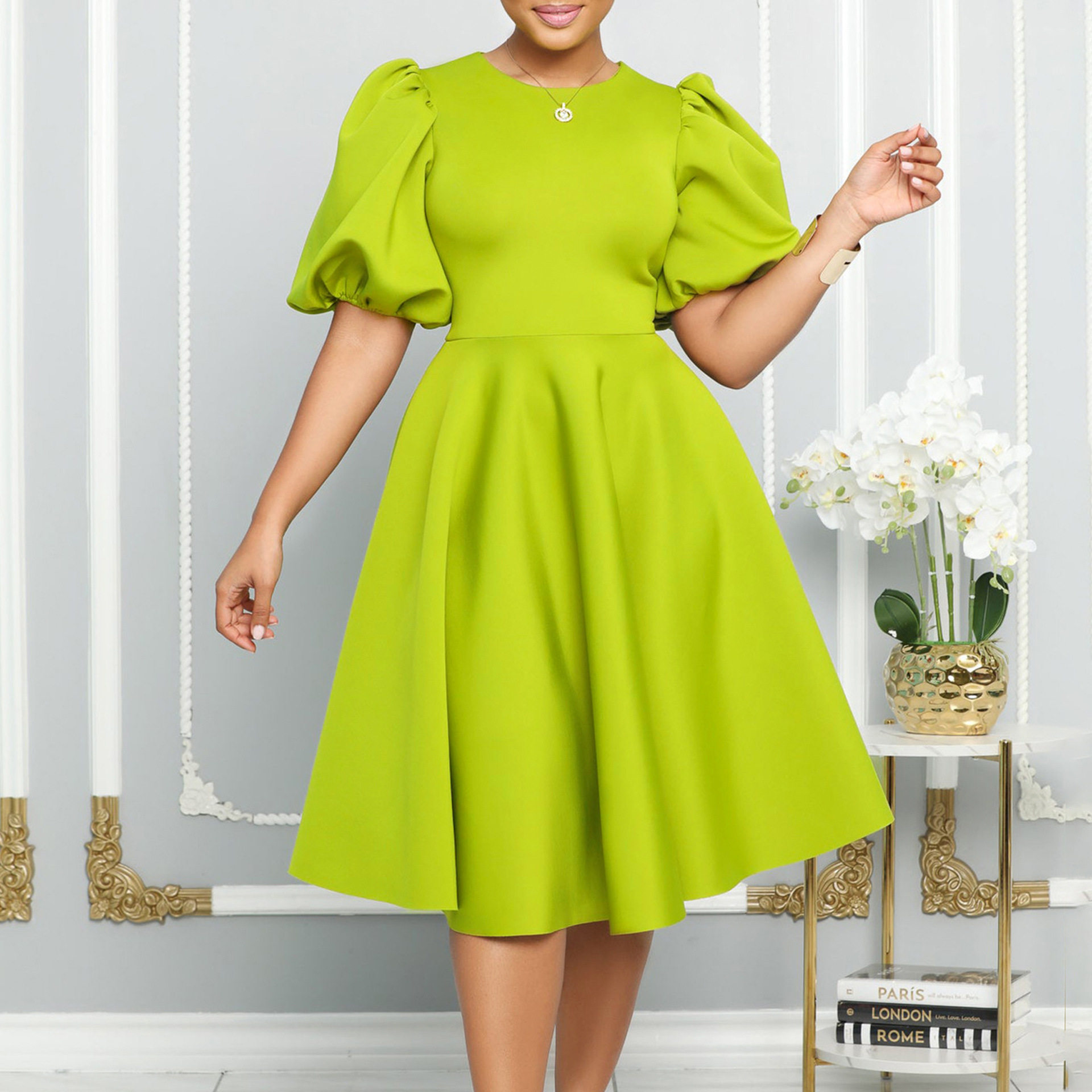 A Line Dress Round Neck Puff Sleeves Waist Defined Flowy Hem Elegant Evening Wear Wholesale Available