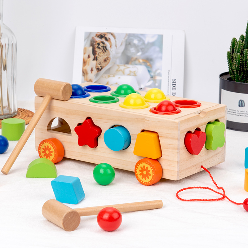 多孔形状数字积木拖车儿童早教益智敲琴拼图套柱几何认知益智玩具