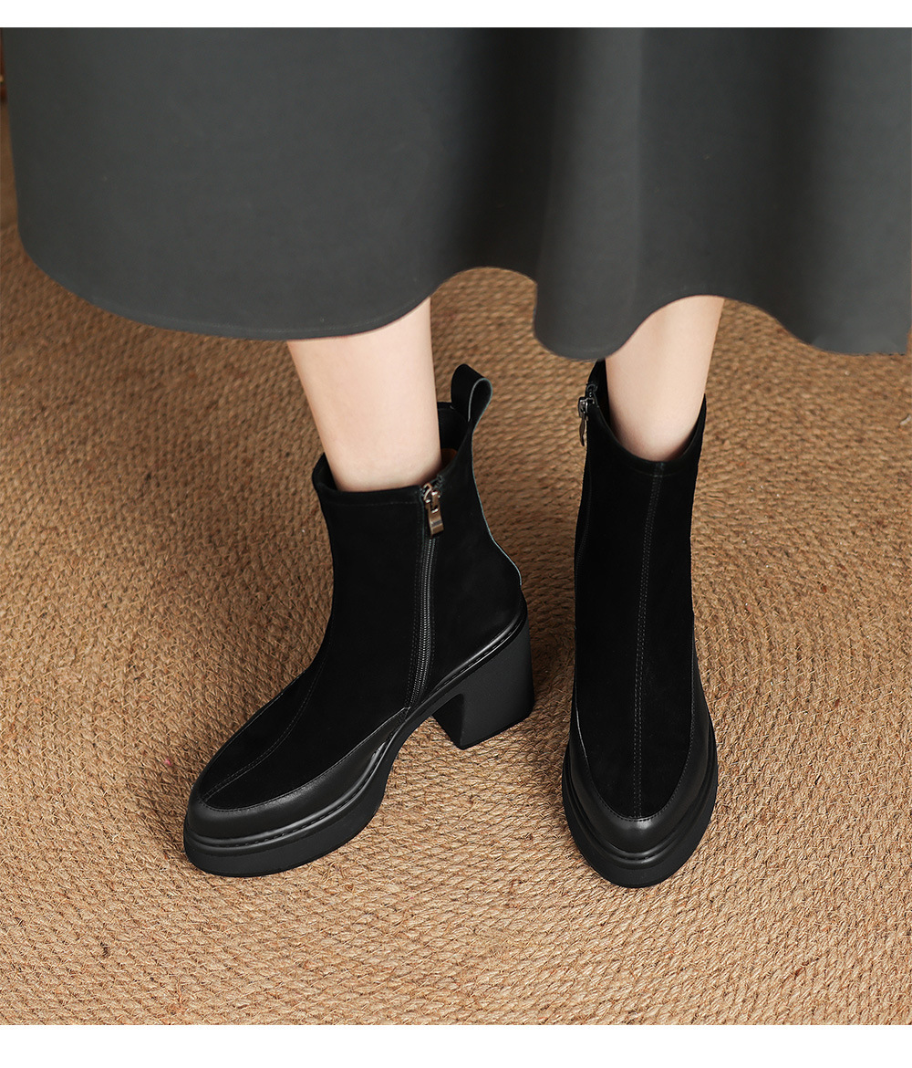 Boot nữ mũi nhọn phối da, cổ ngắn ôm chân, đế dày gót cao — Lớp lót đơn màu đen, Lót nhung đen