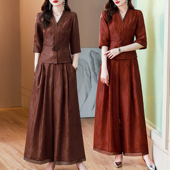 New Chinese retro suit 2024 autumn and winter new waist stitching jacquard jacket wide leg pants mother two-piece set