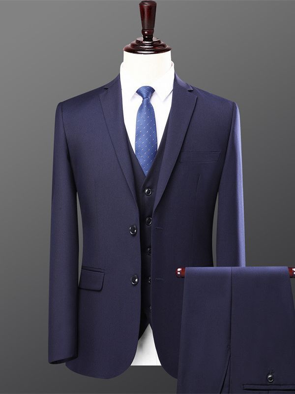Bộ vest nam hai mảnh dáng ôm phong cách Hàn Quốc, lễ phục cưới và đi làm — Bộ áo và quần một cúc màu xanh navy, Bộ đồ màu xám một cúc (áo + quần), Bộ đồ đen một cúc (áo + quần), Bộ đồ hai cúc màu xanh tím than (áo + quần)