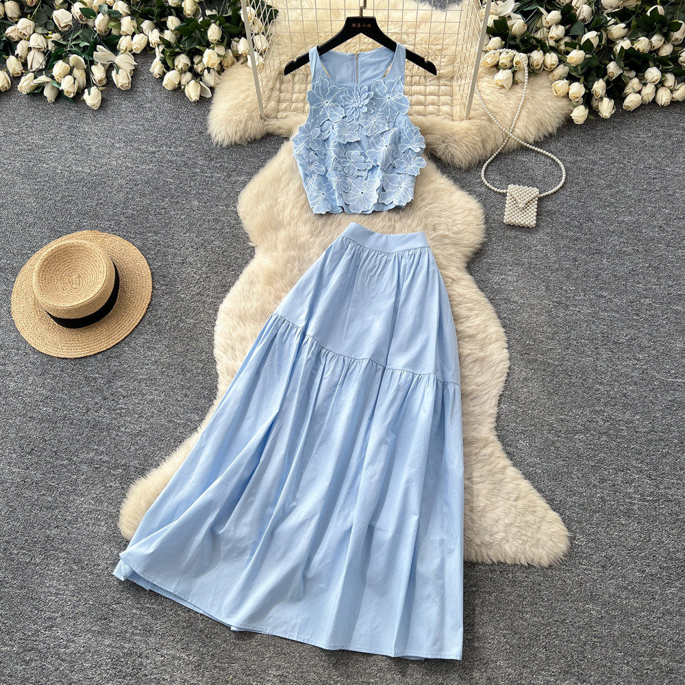 French Sweet Style Blue Vest and High Waisted Cake Skirt Two Piece Set for Women Summer Office Wear Slim Fit Elegant