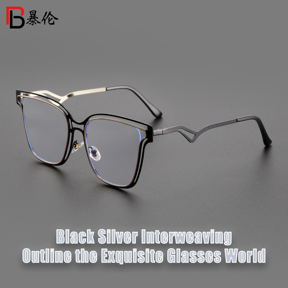 Cross-Border Trendy Large-Frame Metal Thin-Leg Plain Glasses Frame European and American Ins Style Internet Celebrity Street Photography Anti-Blue Light Flat Mirror
