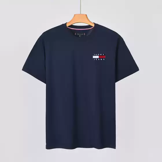 tommy men's short sleeve cotton round neck slim solid color bottoming shirt large standard embroidered T-shirt a generation of hair