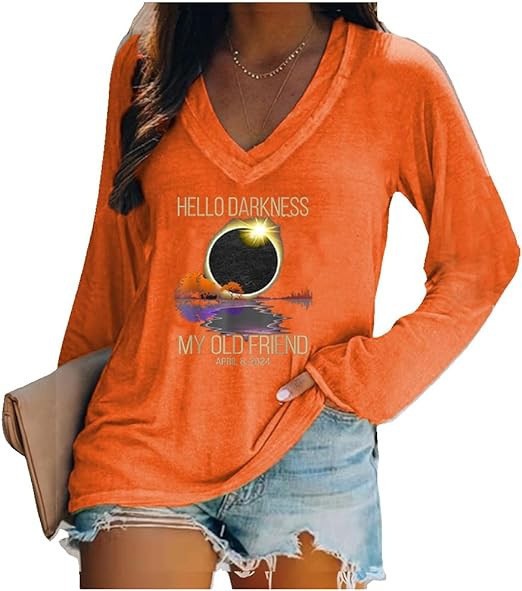 外贸跨境夏季女装简约休闲v领长袖T恤印花T恤女 独立站厂家货源