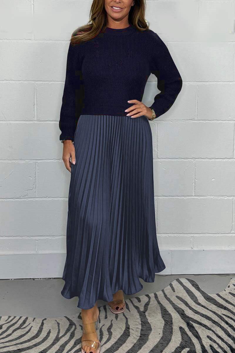 Knitted Long Sleeve Color Block Dress Solid Color Pleated Design Stylish for Fall Winter Wholesale Available