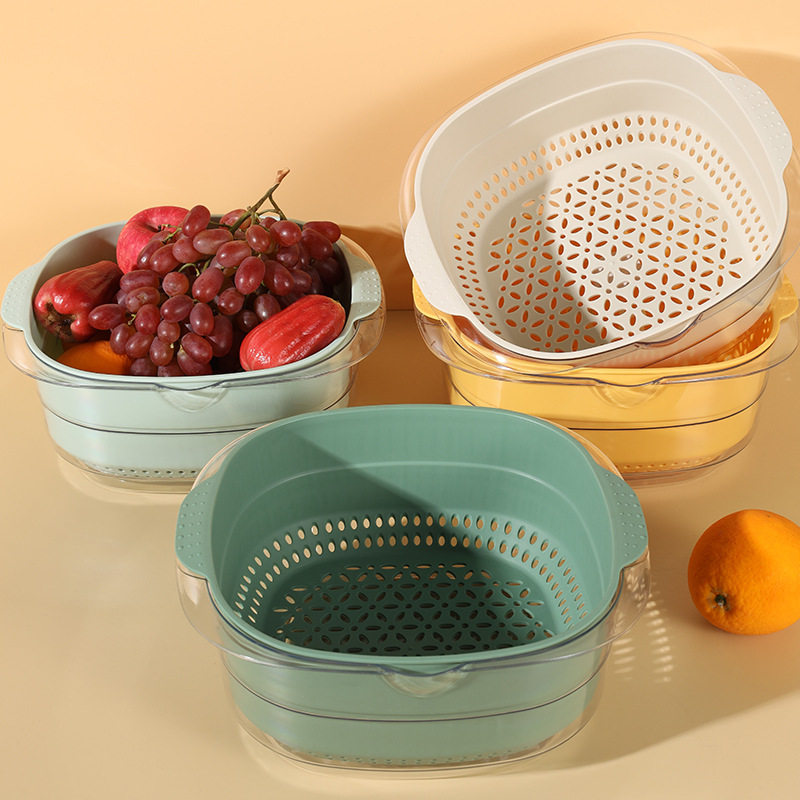 Hs Douyin Popular Drain Basket Pet Plastic Practical Fall-Resistant Vegetable and Fruit Basket Transparent Draining Dust-Proof Multi-Purpose Basin