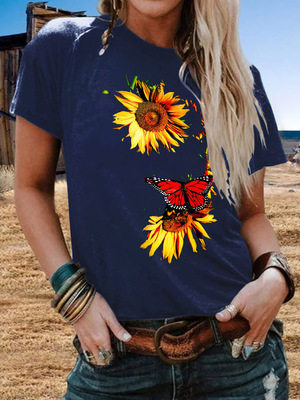Plus Size Womens Short Sleeve T Shirt Sunflower Butterfly Print Casual Round Neck Top Wholesale Available