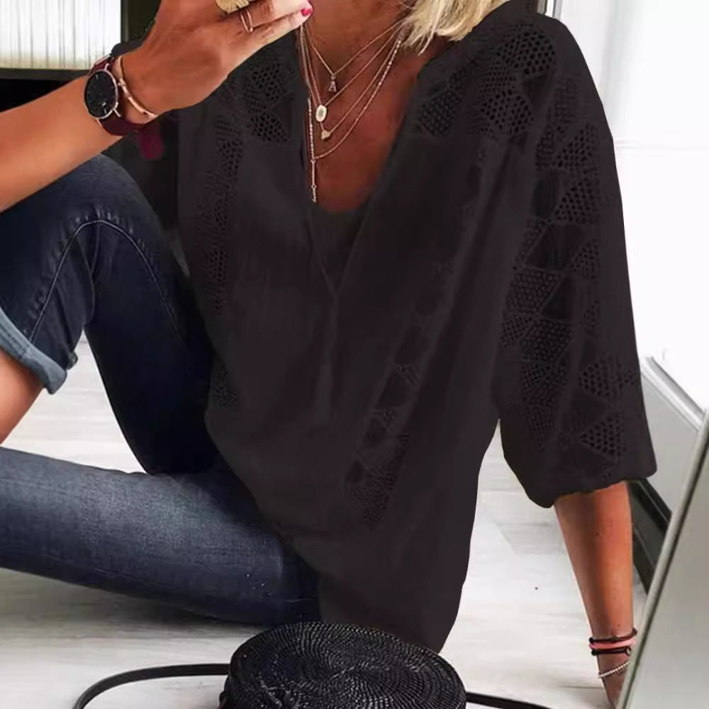 Lace Top Hollow Out Design U Neck Three Quarter Sleeve Casual Wear for Women Wholesale Available