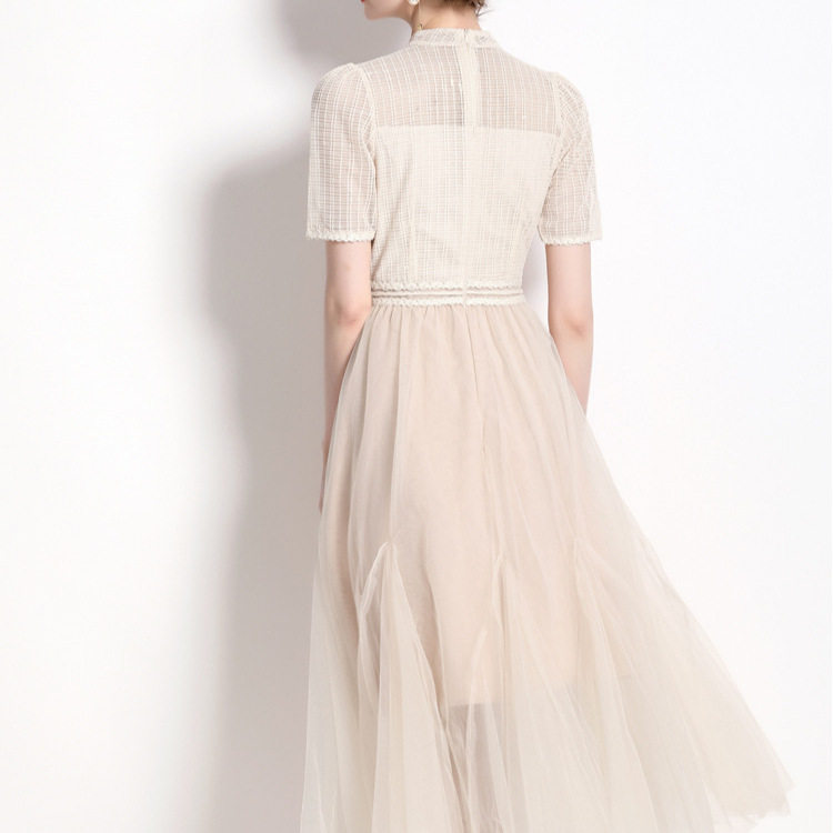French Vintage Court Style Dress Heavy Embroidery Hollow Lace Round Neck Waist Defining Tulle Skirt Elegant