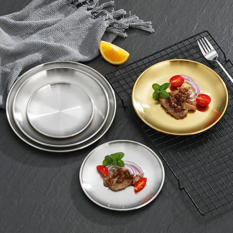 [Factory direct sales] Korean stainless steel thickened disc Golden barbecue plate fruit cake plate barbecue plate