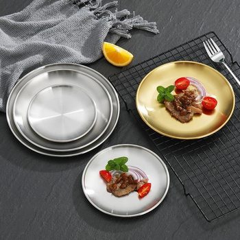 [Factory direct sales] Korean stainless steel thickened disc Golden barbecue plate fruit cake plate barbecue plate