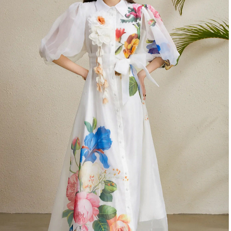French Elegant Summer Dress Corset Waist 3D Floral Design Lantern Sleeves Printed Tulle Perfect for Garden Parties