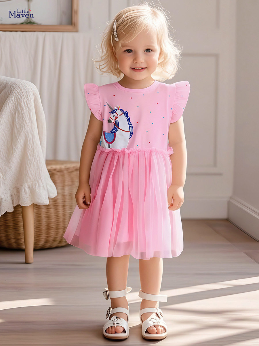 Girls' Tulle Dress, Summer Short-sleeve Kids' Dress, Cartoon Cotton Kids' Dress