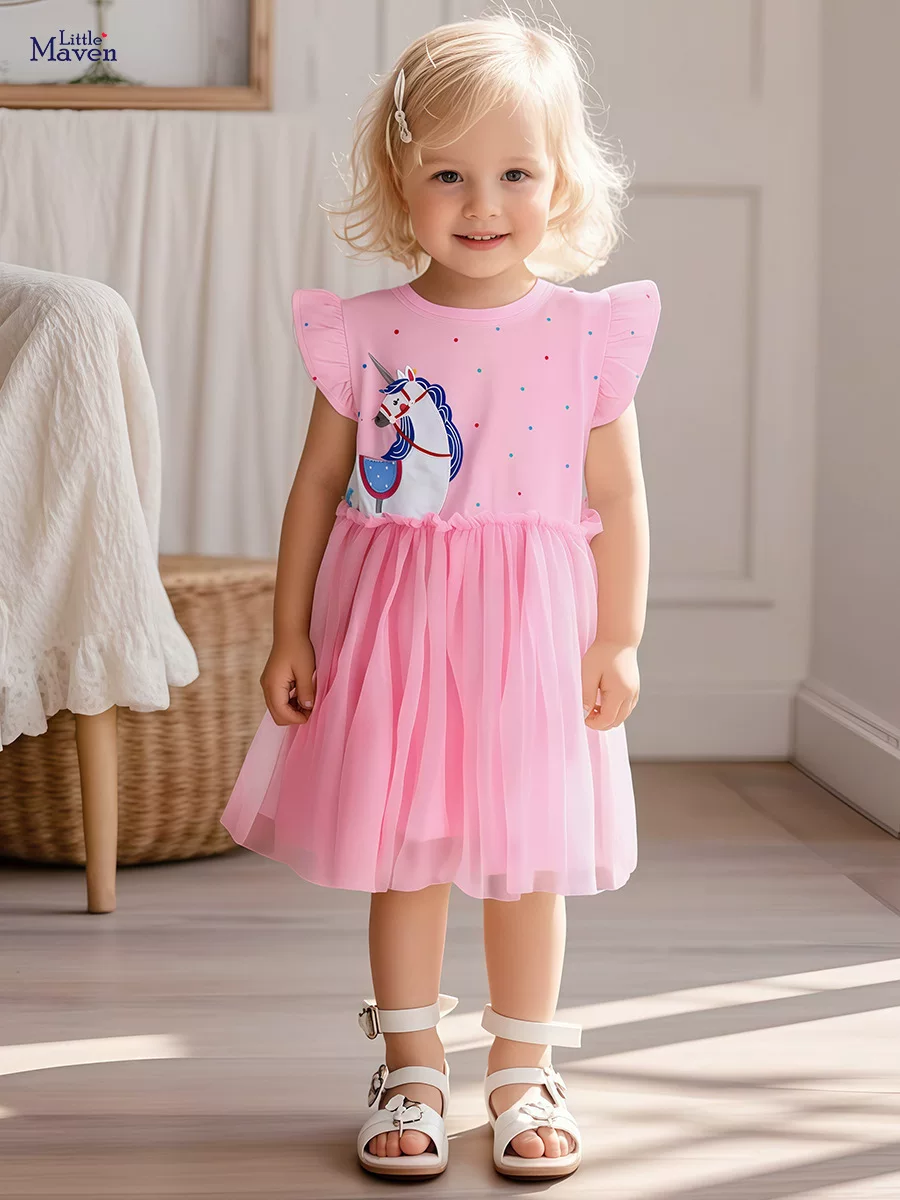 Girls' Tulle Dress, Summer Short-sleeve Kids' Dress, Cartoon Cotton Kids' Dress