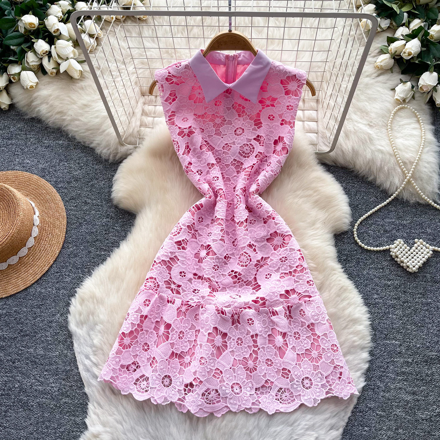 Pink Lace A Line Dress for Women Sleeveless Hollow Out Sweet French Style Elegant Evening Gown Wholesale Available