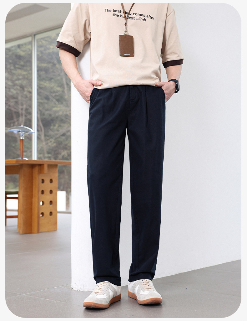 Quần dài nam vải tencel cotton lanh ống đứng co giãn lưng thun thoáng mát — màu đen, Xanh tím than, Màu trắng, Màu kaki