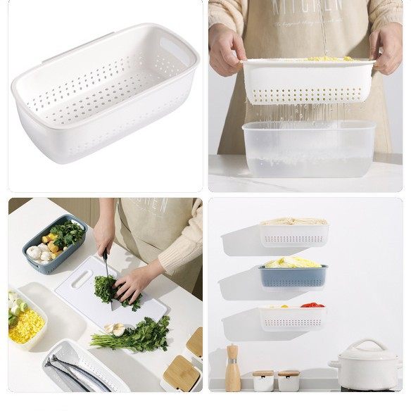 Multifunctional Drain Basket Plastic Square Double-Layer Kitchen Fruit and Vegetable Packaging Basket Contrasting Color Thickeneding Can Be Hung Storage