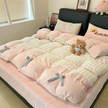 2025 Autumn/Winter New Country Retro Style Thickened Milk Velvet Bowknot Towel Embroidery Bed Sheet and Fitted Sheet Four-Piece Set