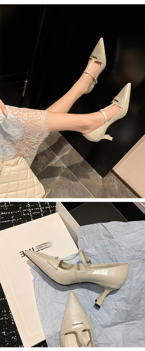 Giày cao gót Mary Jane nữ mũi nhọn quai chữ T gót vuông bằng da bò thật — Màu đen, Màu trắng be, Màu xanh lam nhạt