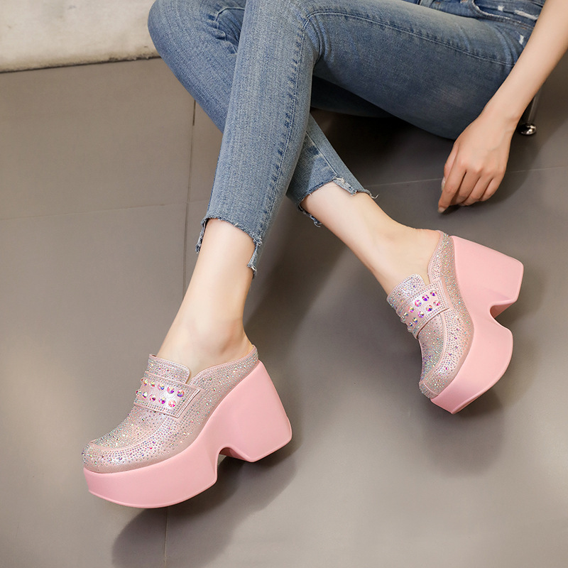 Giày Dép Lê Nữ Chất Liệu Da Bò Cao 10cm Gắn Đá Tăng Chiều Cao Đế Cao Hàng Mùa Hè Phục Cổ Cổ Điển