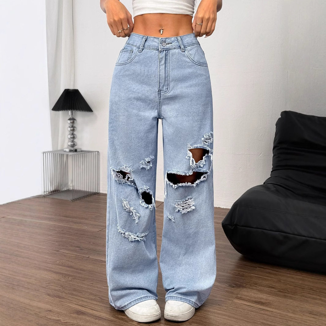 Loose Fit Butterfly Embroidered Ripped Denim Pants Womens Casual Style Perfect for Everyday Wear Ready to Ship