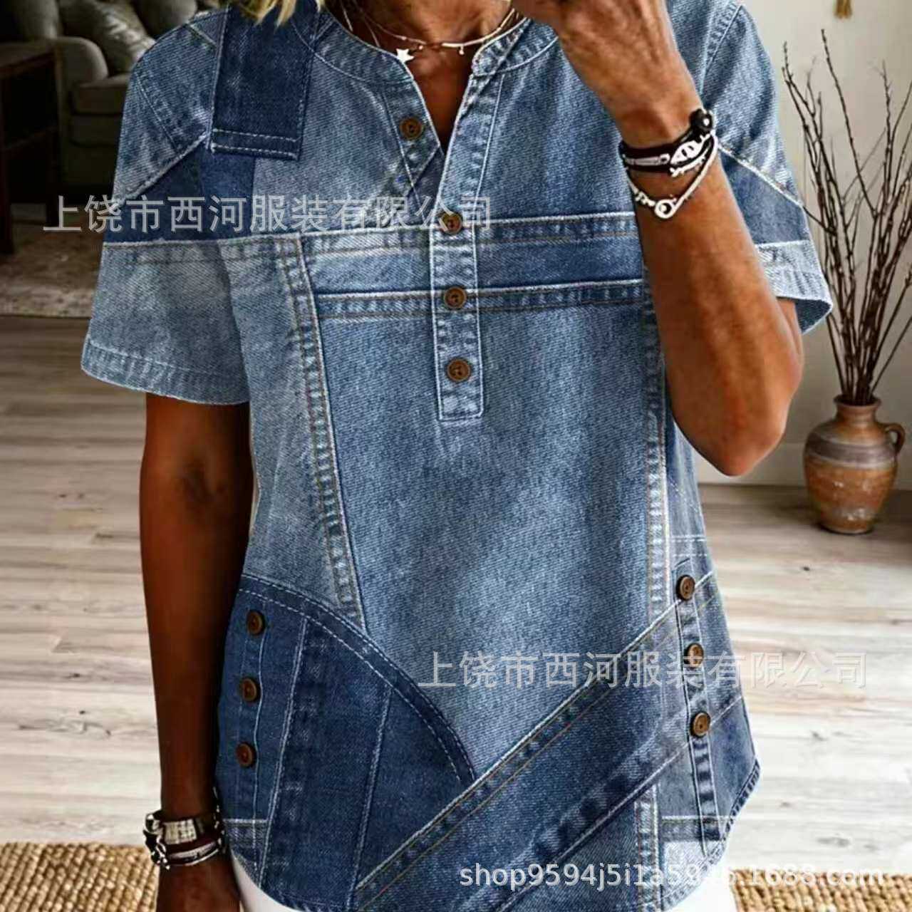 新款跨境独立站2026春季女装花卉印花V领休闲女装衬衫上衣复古