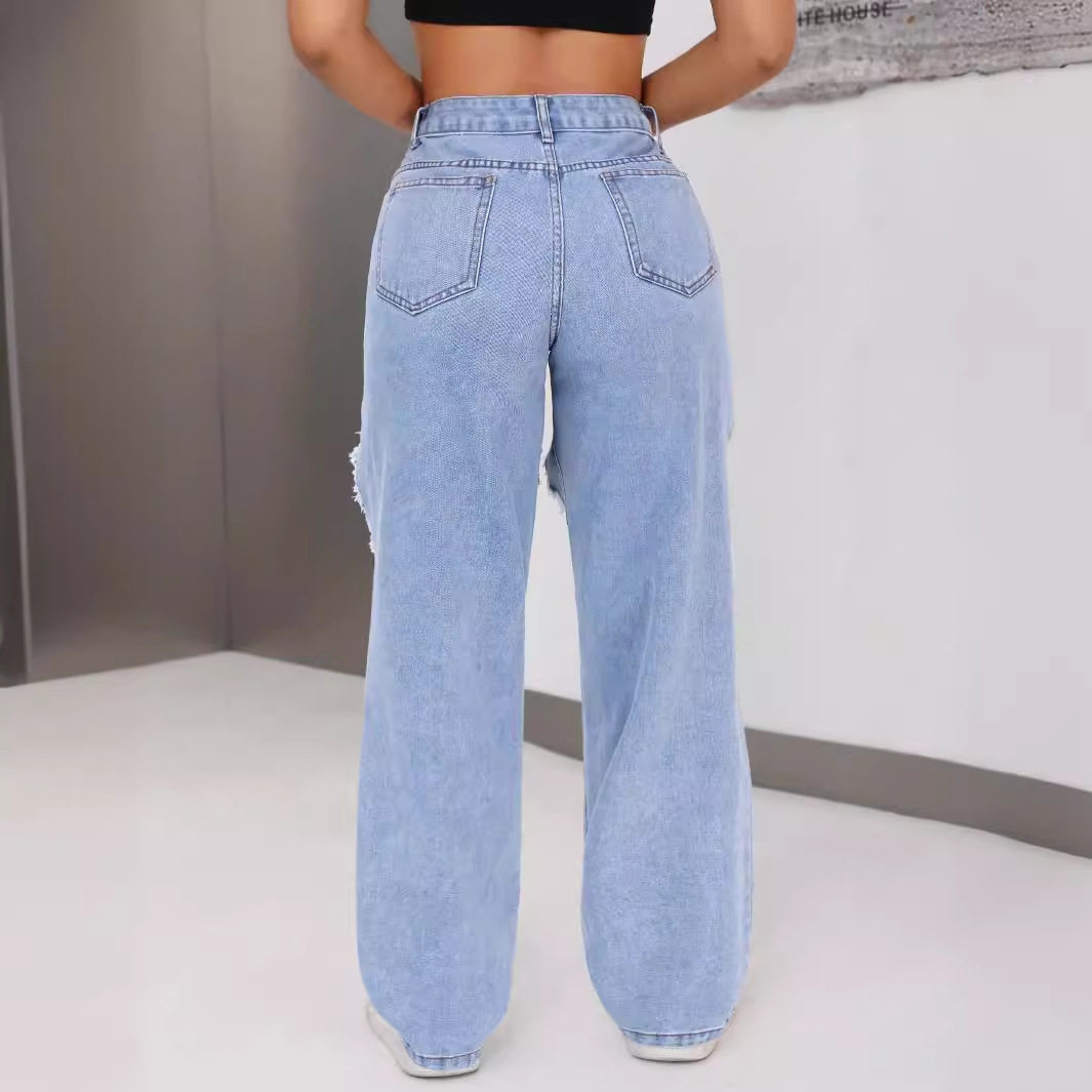 Fashionable Womens Distressed Wide Leg Straight Leg Jeans Casual Style Trendy Design Comfortable Fit Wholesale