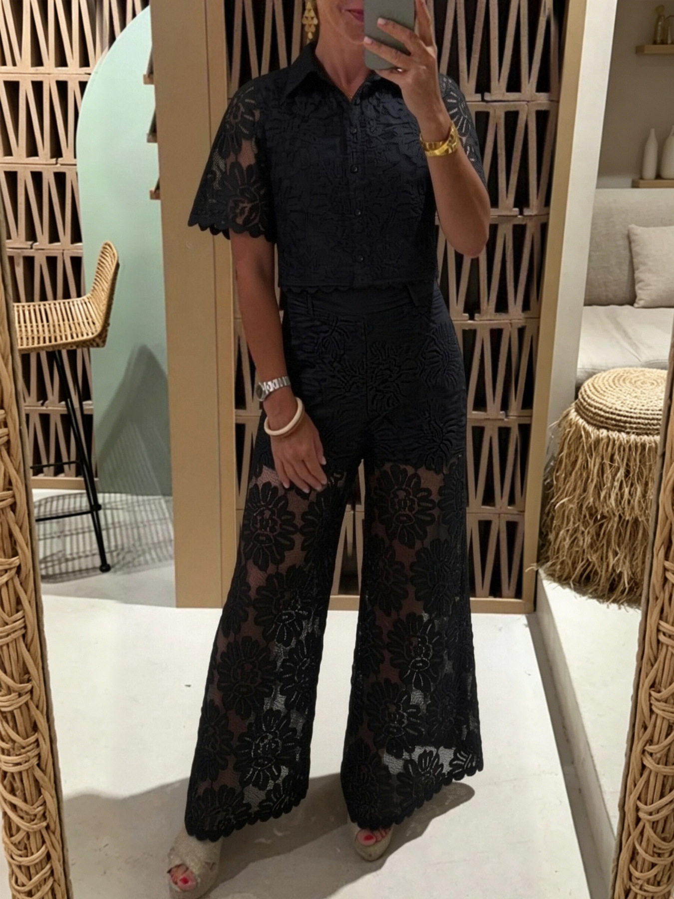 Lace Crochet Short Sleeve Top and High Waist Pants Set Elegant Design Solid Color Comfortable Fit Perfect for Casual