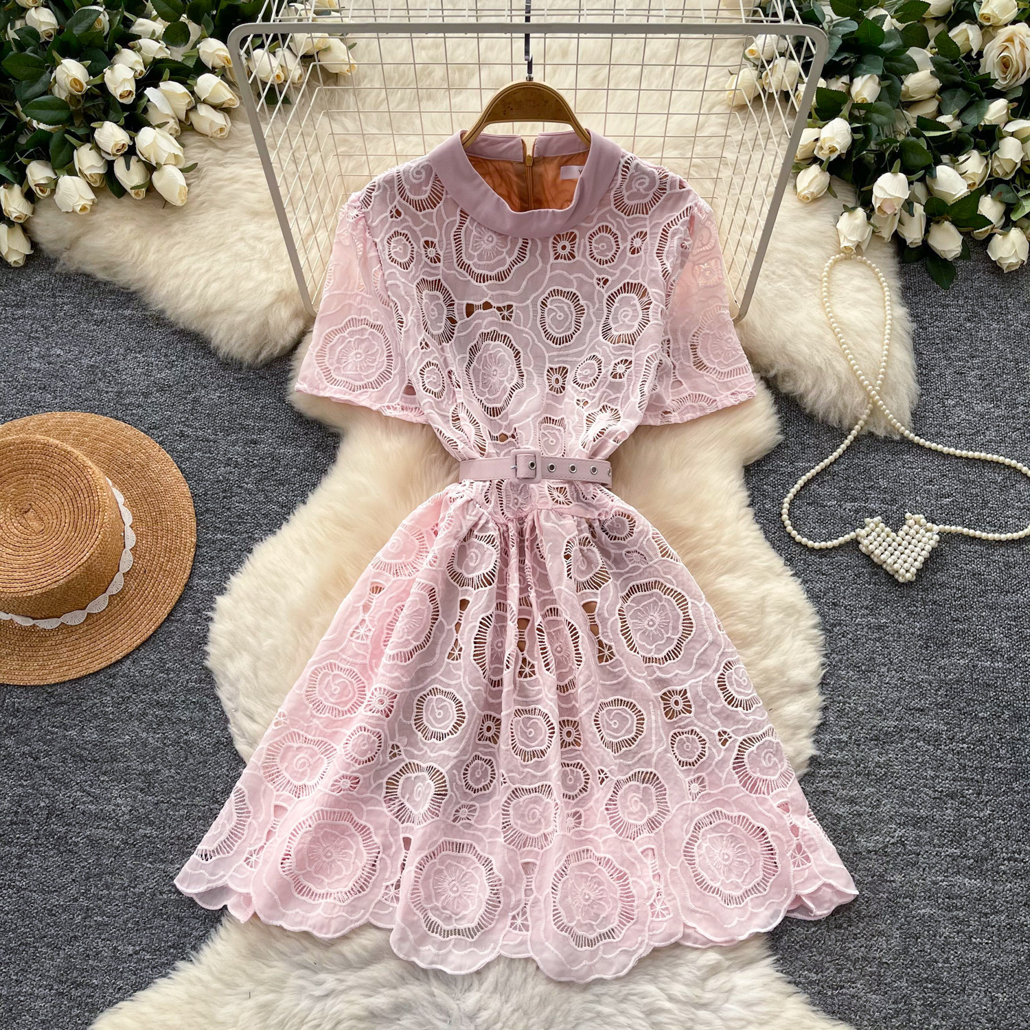 Pink Lace Hollow Out Dress for Women Summer Slim Fit A Line Elegant Style Perfect for Work or Casual Occasions