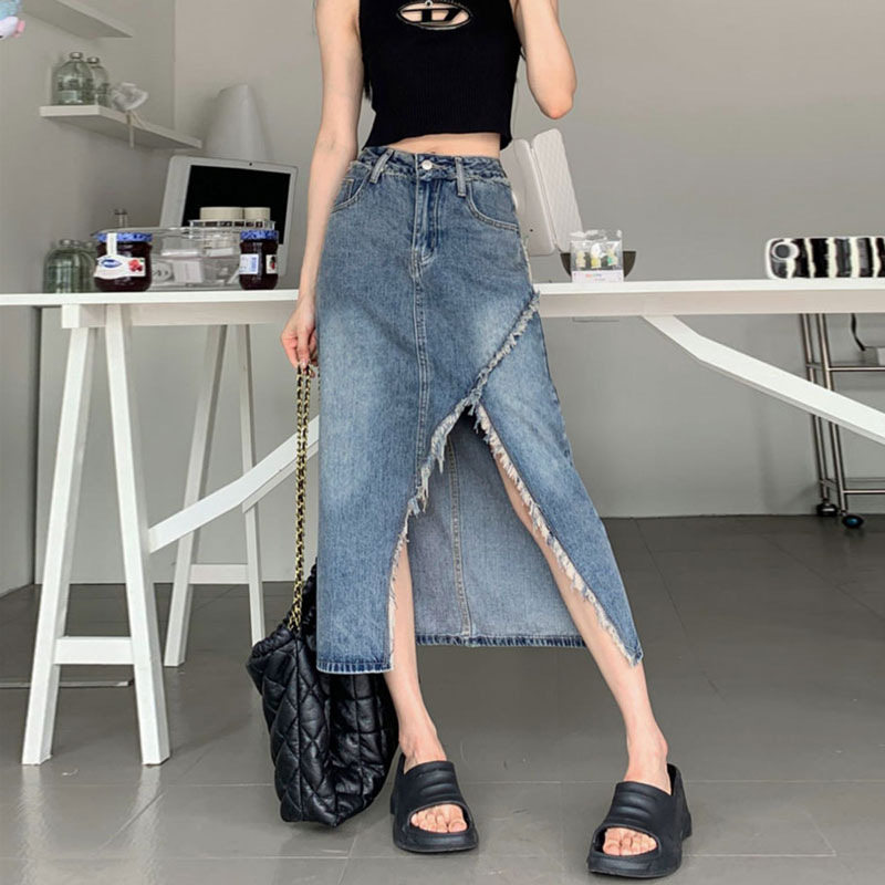 Irregular Hem Denim Skirt for Women High Waist Split Design Fringe Detail A Line Silhouette Summer Casual Wear