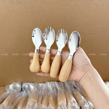 304 Stainless Steel Children's Tableware Wooden Handle Spoon Fork Household Baby Feeding Tableware Baby Supplementation Tableware