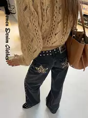 European and American cross-border AliExpress One Dilemma jeans, women's loose straight leg pants, fashionable star studded brick design