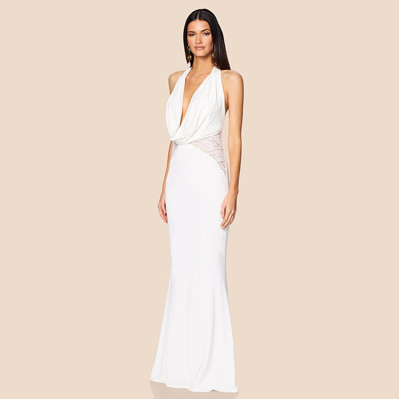 Elegant Lace Trimmed Mermaid Dress Halter Neck V Neck Backless Slim Fit Evening Gown for Formal Occasions