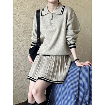Luxi College Style Polo Collar Sweat High Waist Pleated Skirt suit Women's 2024 Winter New ss631