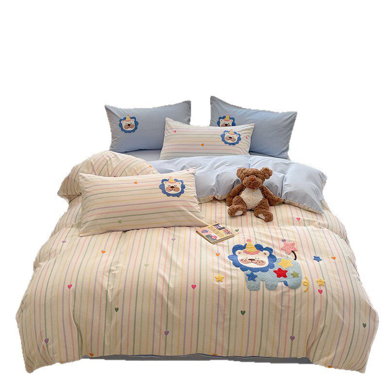 Autumn and Winter Pure Cotton Ins Thickeneded Pure Cotton Brushed Bed Four-Piece Set Cartoon Style Towel Embroidered Student Dormitory Three-Piece Set