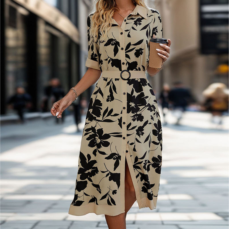 Floral Print Summer Dress Womens Casual Shirt Dress Lightweight Short Sleeve Trendy Design Wholesale Available