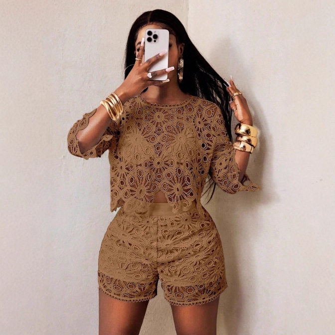 Womens Two Piece Set Solid Color Hollow Lace Slim Fit Elegant Design Perfect for Fall Occasions Wholesale