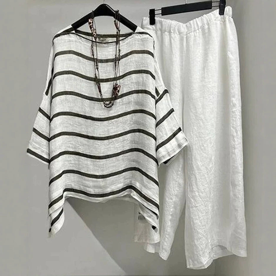 Womens Striped T Shirt and Long Pants Set Casual Style Round Neck Short Sleeve Spring Summer Collection Wholesale