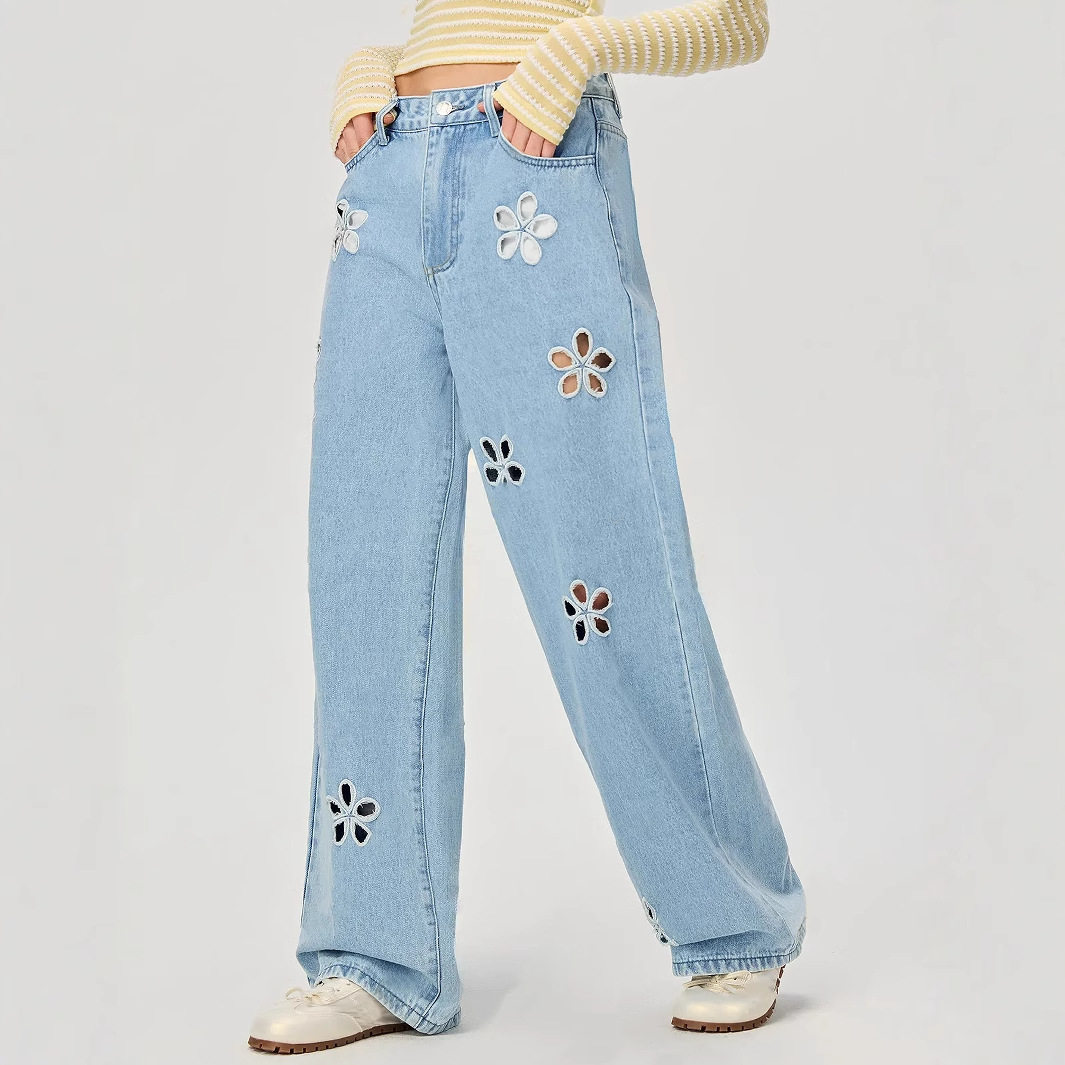 Loose Fit Wide Leg Jeans Floral Hollow Design Casual Style Womens Fashion for Spring Summer Wholesale Available