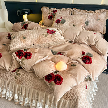 Cross-Border Foreign Trade Specializes in Winter Double-Layer Lace Milk Velvet Printed Bed Cover Four-Piece Set Bed Cover Single-Piece Three-Piece Set