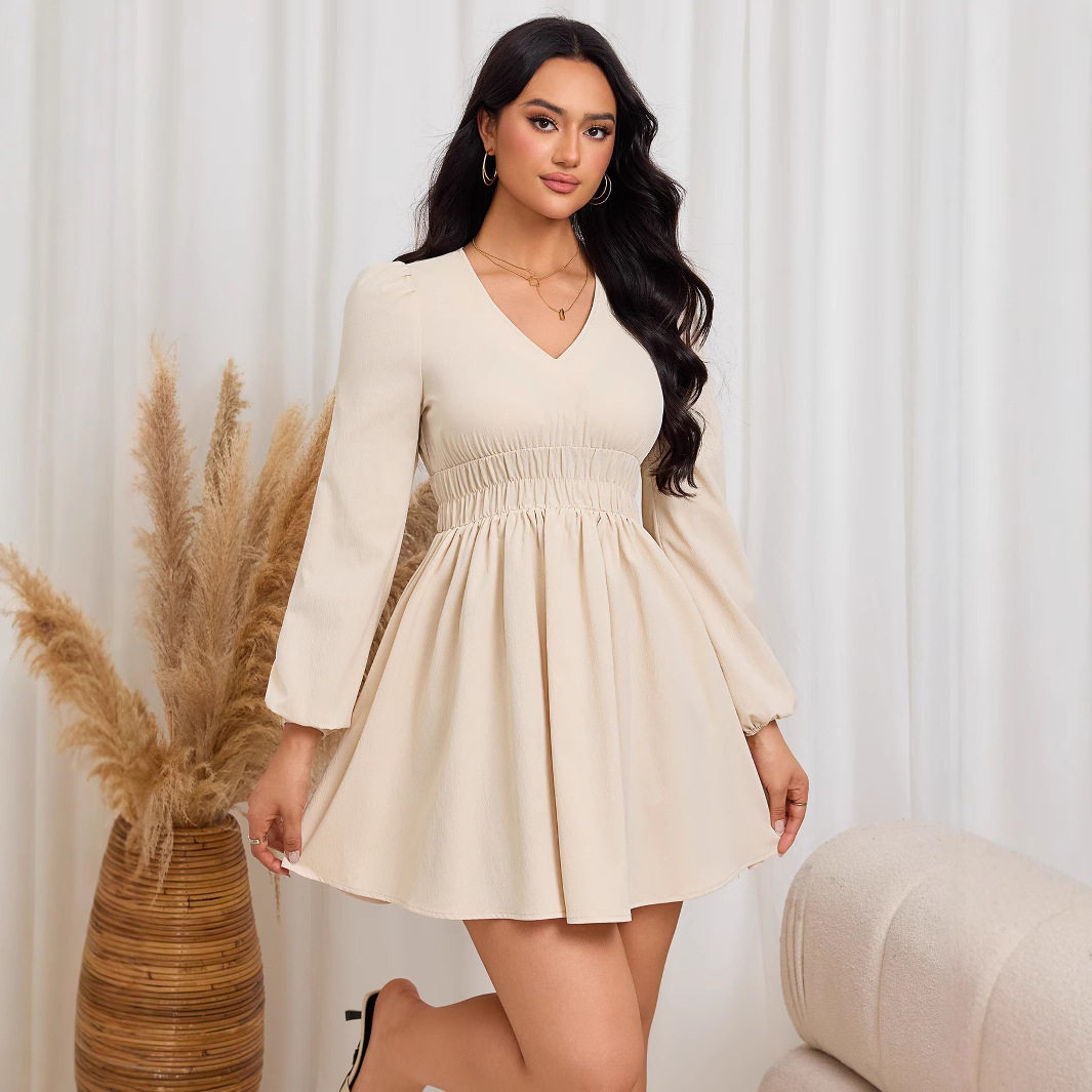 Elegant Womens Dress Versatile Slim Fit V Neck Elastic Waist Spring Summer Style Wholesale Available