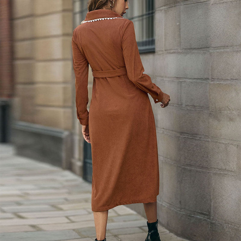 Corduroy Shirt Dress Vintage Floral Lace Collar Casual Elegance for Spring and Autumn Wholesale Available
