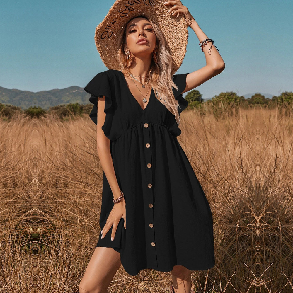 V Neck Button Down A Line Dress Floral Print Versatile Comfortable Fabric Casual Wear Spring Summer Wholesale