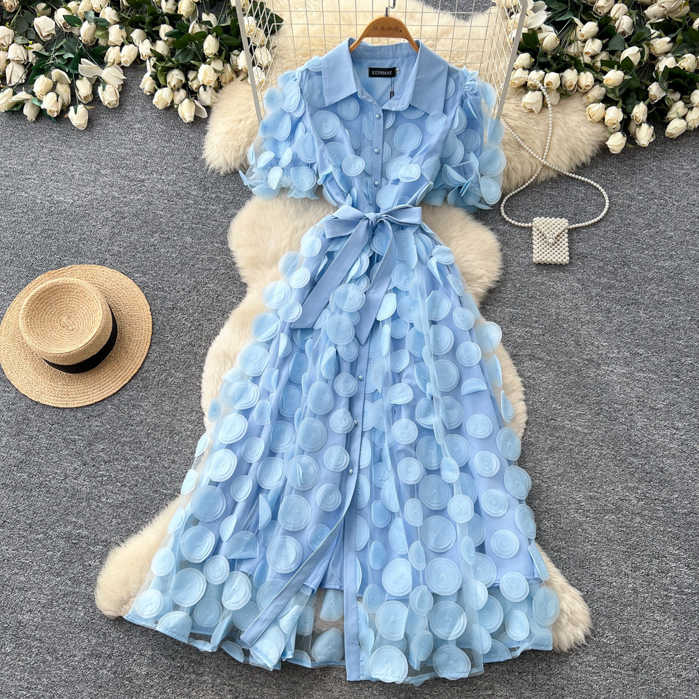 French Style Lace Dress for Women Short Sleeve Tie Waist A Line Silhouette Elegant Summer Occasion Wear Wholesale